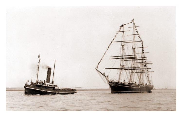 The 'Cutty Sark' under the tow of 'Muria' in the Thames