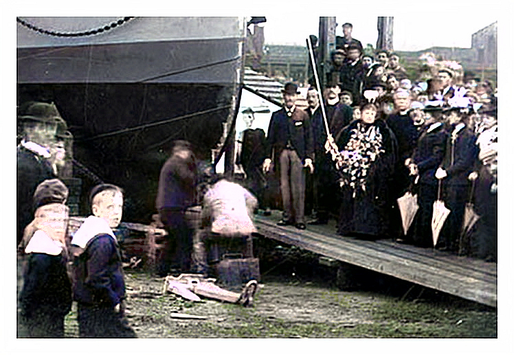 The 1898 launch of the "Eirene" at the slipway of the Penarth Dock Shipbuilding and Ship Repairing yard.