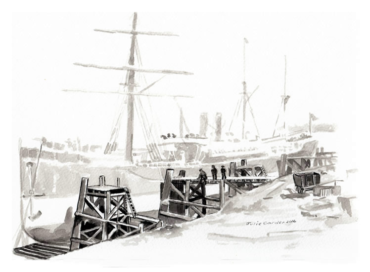 A pen and ink drawing of a vessel undergoing repair upon the gridiron of the Penarth Ship Building and Ship Repairing Company Limited.