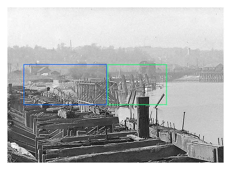 1950's - A view upstream of the slipway and gridiron location showing the derelict timber shoring adjacent to Penarth Dock but also sharing the banks of the River Ely Estuary. 