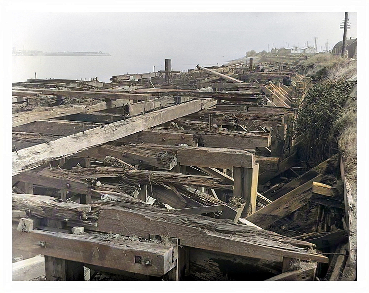 1950's - upper image - Another view downstream toward the Severn Sea of the derelict timber shoring on the Penarth bank of the Ely Estuary.