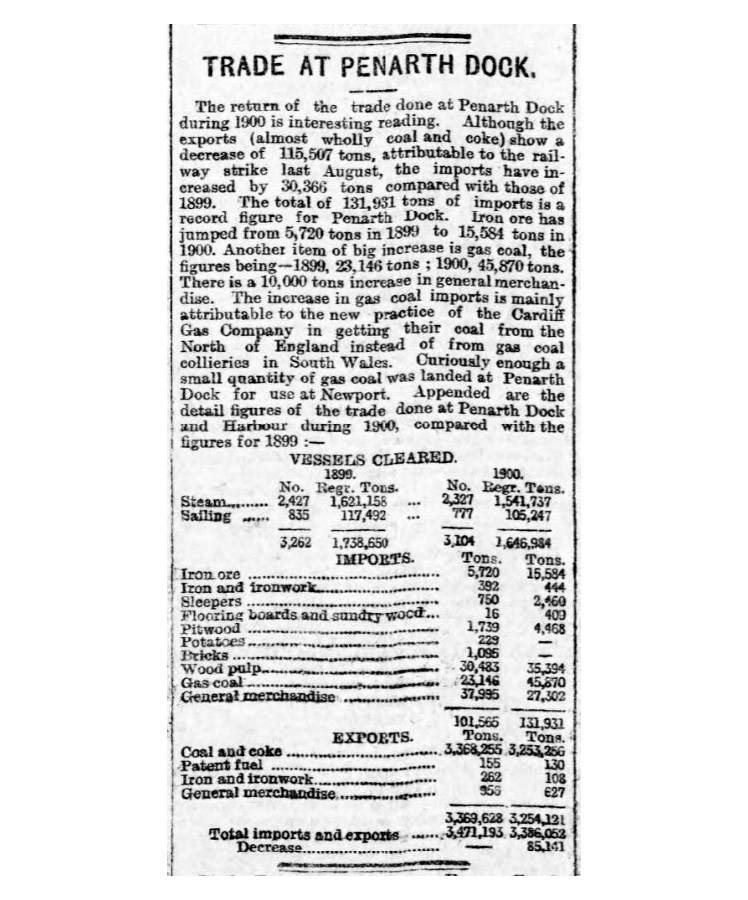 A newspaper cutting reporting trade at Penarth Dock during 1899 and 1900.