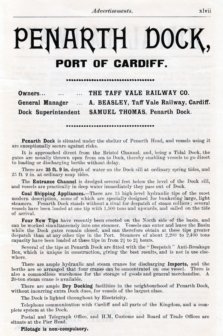 An advertisement for Penarth Dock, Port of Cardiff, which was published within the Railway Year Book of 1904.