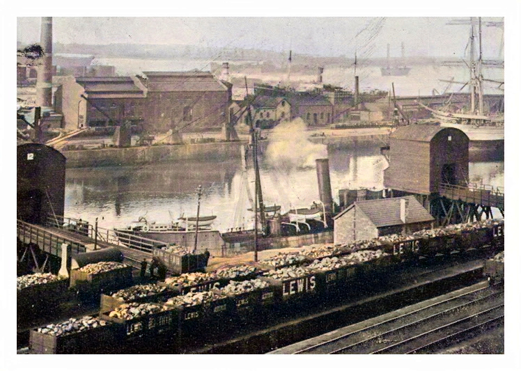 Penarth Dock - Coal Tips - c.1900 - Coal tip No. 12, and right, No. 11 and with the main hydraulic engine house on the opposite side of the dock.