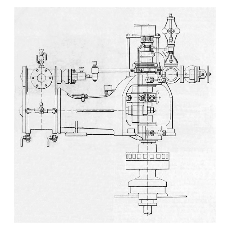 A side elevation drawing of a cross-compound steam engine