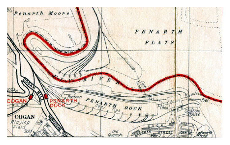 map of c.1912 showing the revised western quay wall, the engineering works and the pontoon location