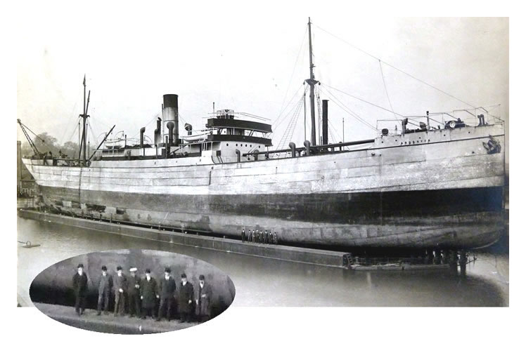 The “Ardgryfe”, a freighter of length 415 feet and 8,500 tons laden under repair on the Penarth pontoon on the 11th March 1911.