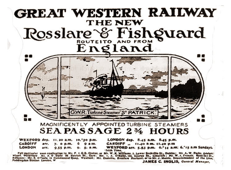 c.1906 - An Irish advert for the new GWR turbine steamer service between Rosslare and Fishguard.