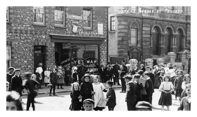 1911 - Strike Scenes at Penarth - Police called to the premises of the Yee Wah, First Class, Chinese Laundry.