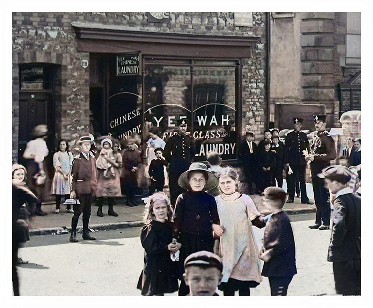 1911 - Strike Scenes at Penarth - Police called to the premises of the Yee Wah, First Class, Chinese Laundry.