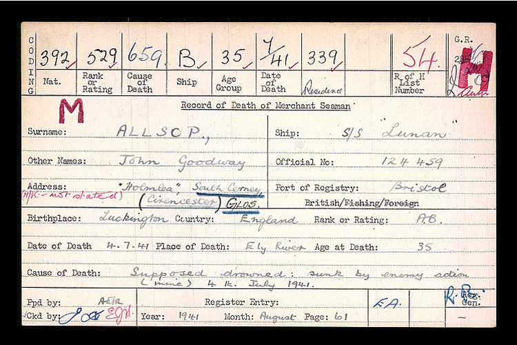 The Record of Death of Merchant Seaman John, Goodway Allsop whom was Supposed drowned by enemy action (mine) on the 4th July 1941 whilst serving on the s.s. Lunan. 