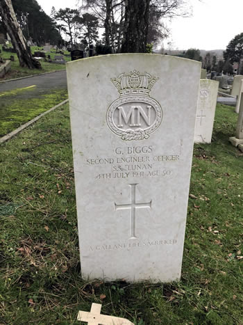 The gravestone of George Biggs in the Cemetery of St. Augustine's Church, Penarth at Row D. Grave 1. 