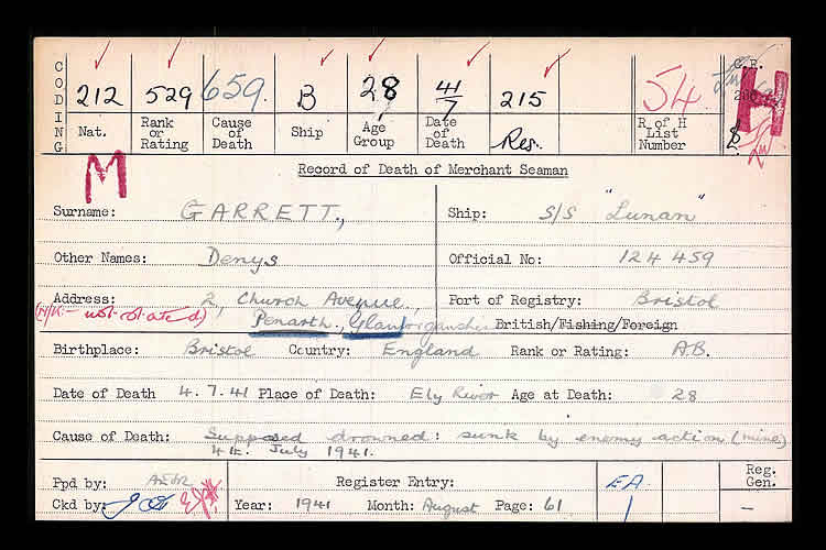 The Record of Death of Merchant Seaman Denys Garrett whom was Supposed drowned by enemy action (mine) on the 4th July 1941 whilst serving on the s.s. Lunan.