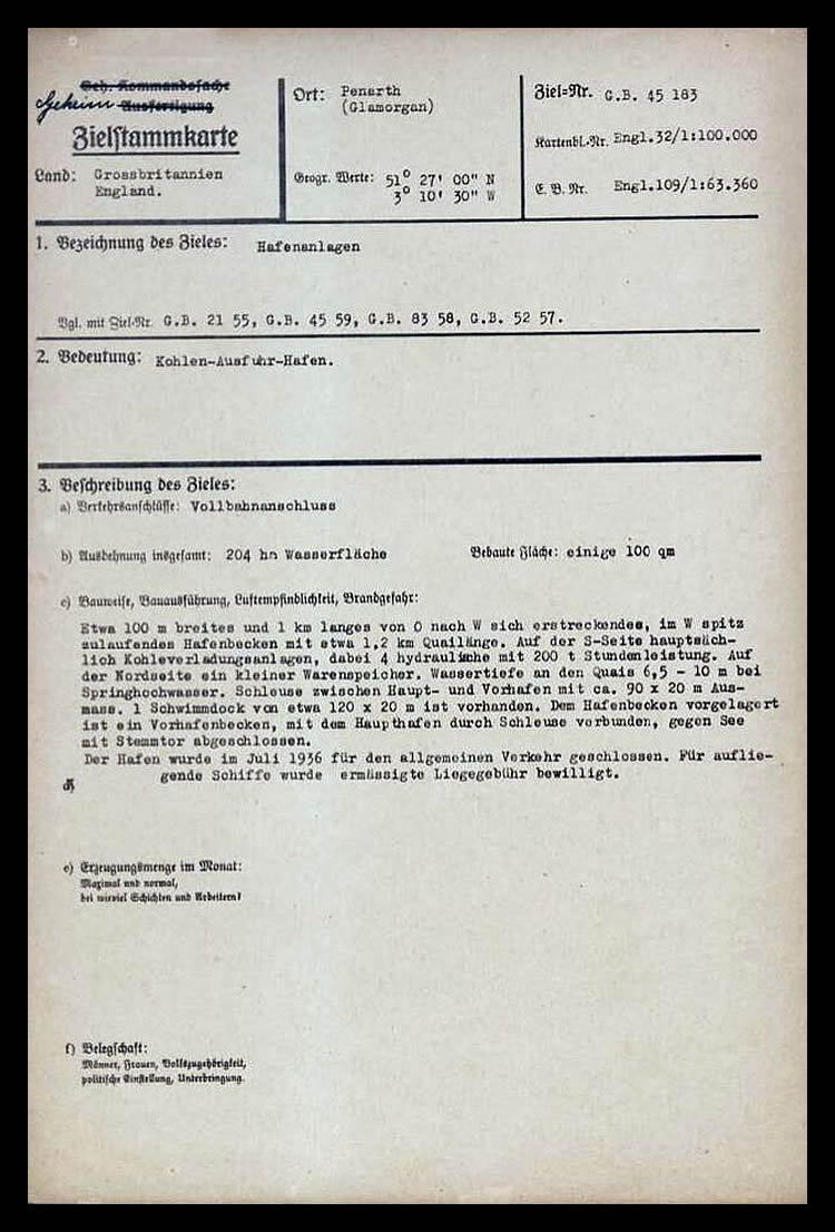 August 1940 - A Luftwaffe document relating to Penarth.