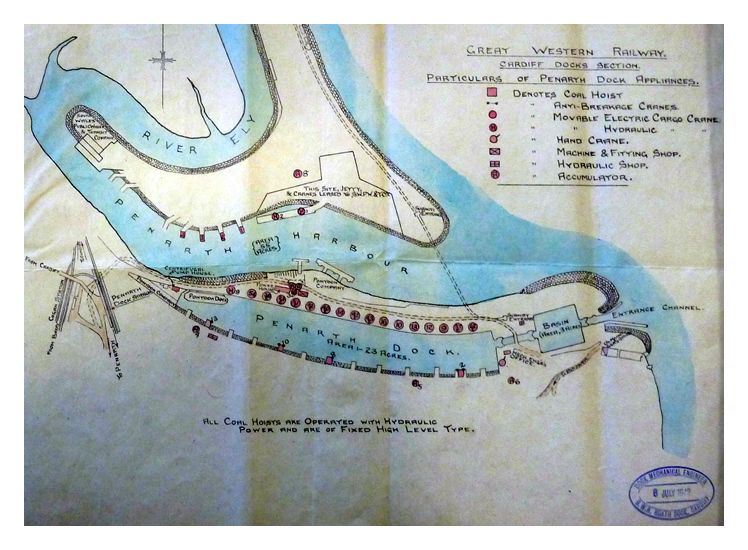 A plan of Penarth Dock and the Ely Tidal Harbour dated 8th July 1942 showing the location and details of installed appliances.