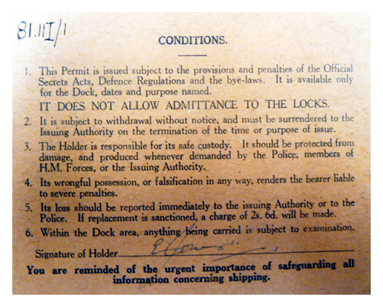 1945 - An example of a Dock Permit for Cardiff & Penarth Docks which were Protected Places under Defence Regulations. 