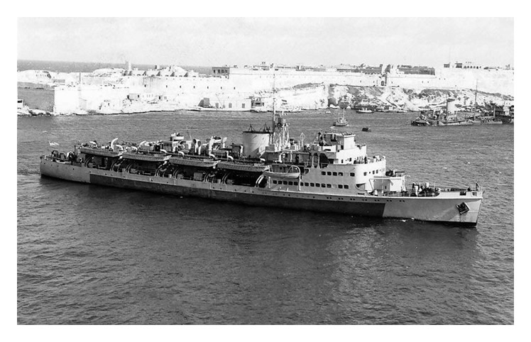 H.M.S. Prins Albert off Malta in late February 1946.