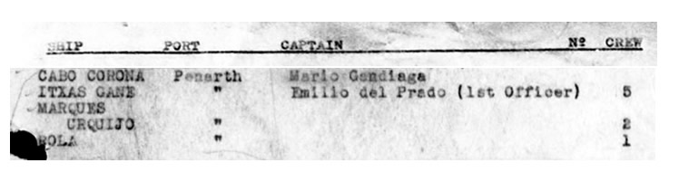 1939-1940 - 'List of ships, with port, name of captain and number of crew' taken from 'Spanish Seamen in British Ports (General File) 1939-1940'.
