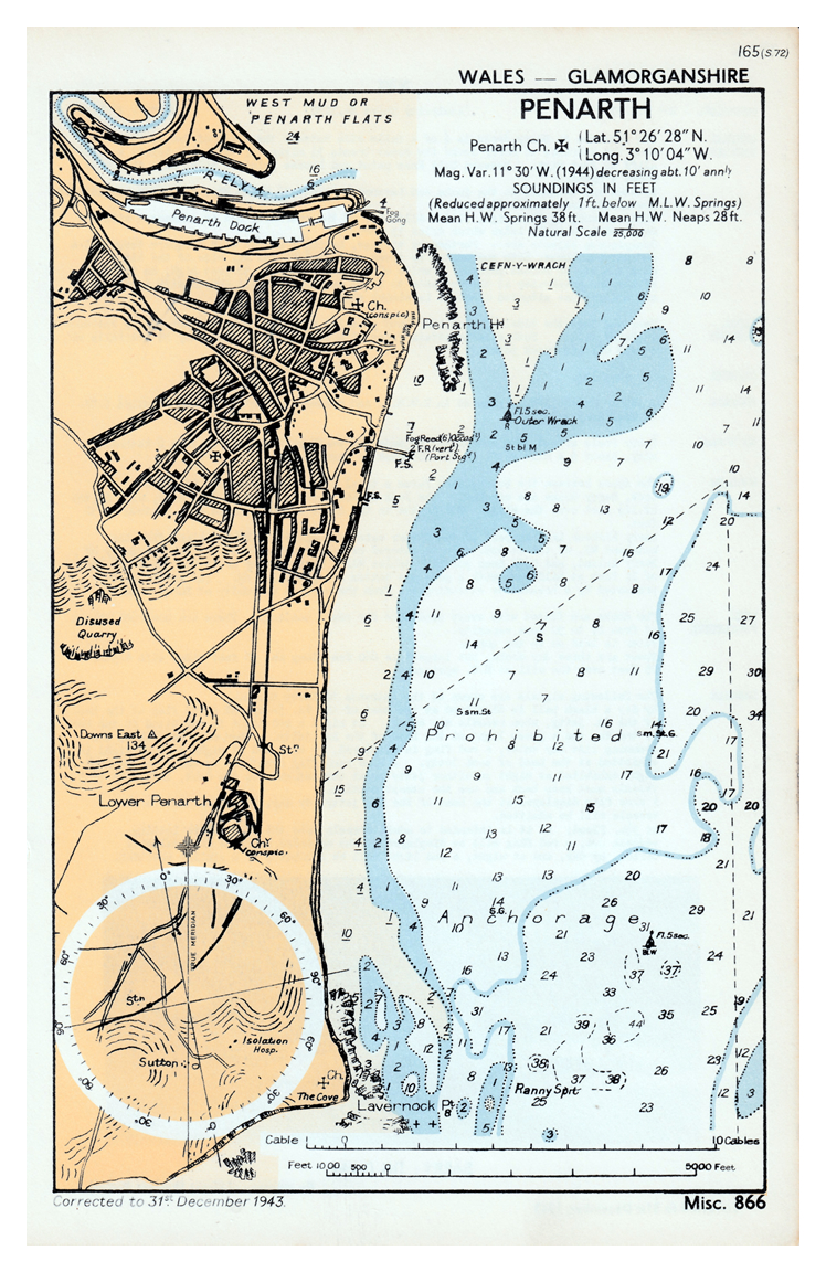 A section of an Admiralty chart corrected to 31st December 1943 of Penarth including the Dock and Ely Tidal Harbour down channel as far as Lavernock Head. 