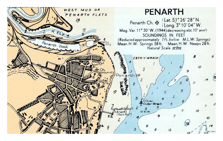 A section of an Admiralty chart corrected to 31st December 1943 of Penarth including the Dock and Ely Tidal Harbour down channel as far as Lavernock Head. 