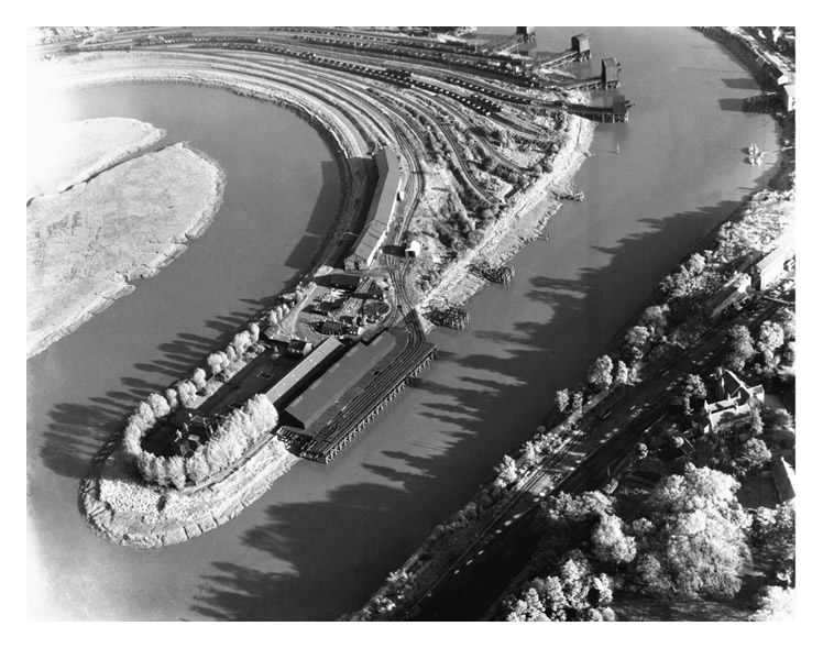 1955 - An aerial photograph of the Victoria Wharf and the remaining Ely Tidal Harbour coal tips together with the associated permanent way infrastructure.
