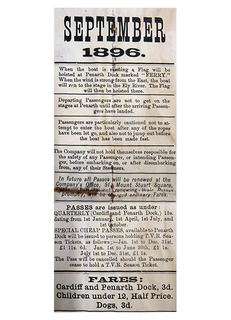 September 1896 - A section of the timetable for the Cardiff and Penarth Steam Ferry Co., Limited. The Penarth Ferry Boat 'Iona'.