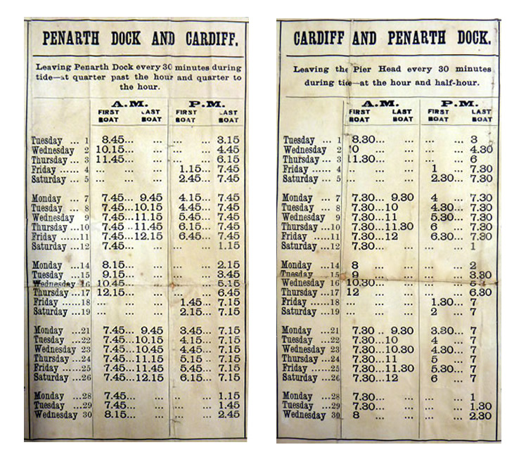 September 1896 - A section of the timetable for the Cardiff and Penarth Steam Ferry Co., Limited. The Penarth Ferry Boat 'Iona'.