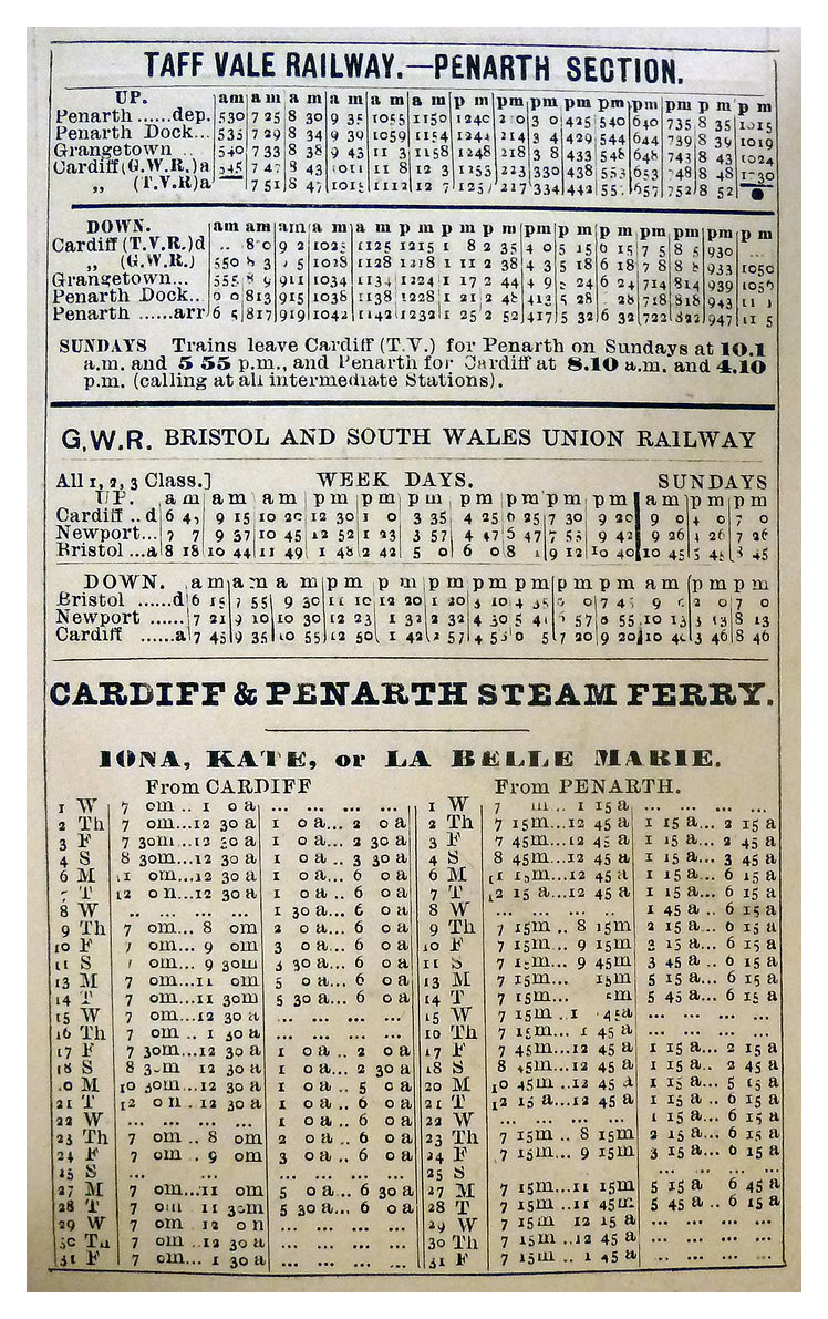 1886 - A section of the Cardiff Pocket Time Table for December 1886 listing sailing times for 'Iona', 'Kate' or 'La Belle Marie'.&nbsp;