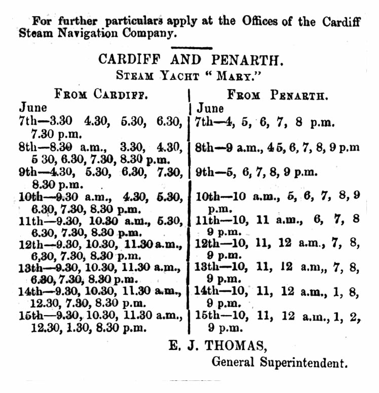 1861 - An advertisement for the steam yacht 'Mary' plying between Cardiff and Penarth on behalf of the Cardiff Steam Navigation Company.