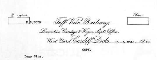 Taff Vale Railway Letterhead 1912
