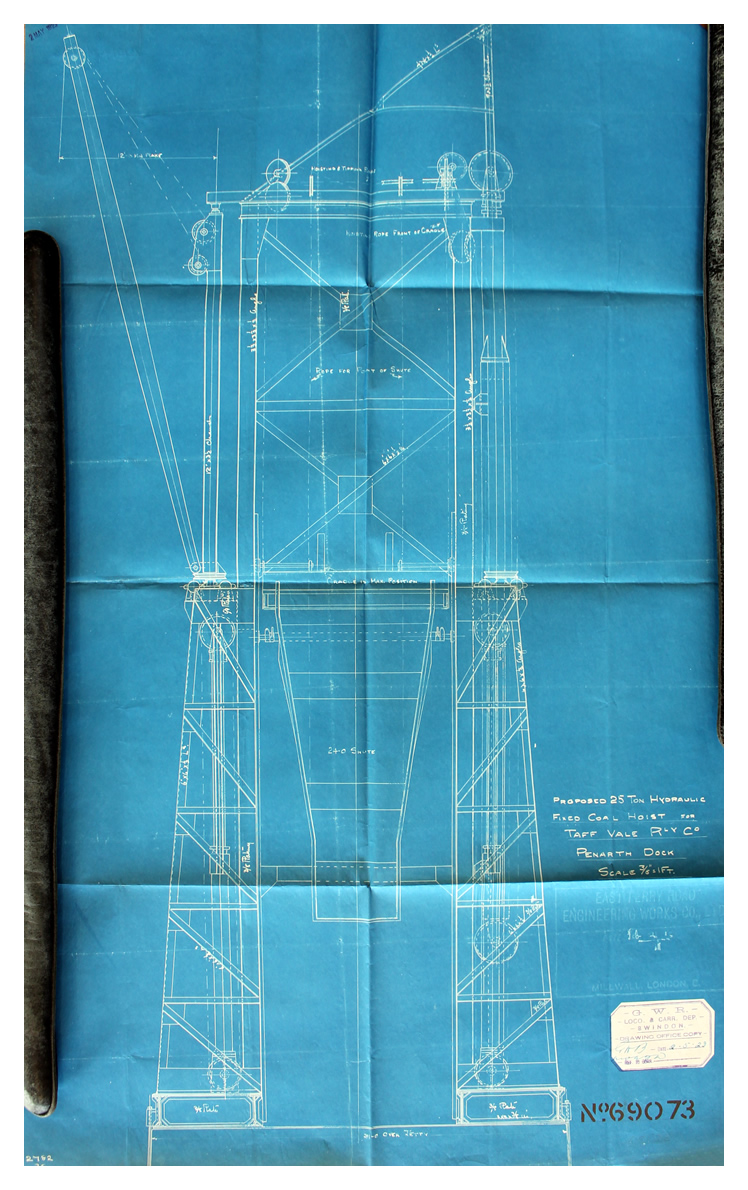 A 1923 GWR Drawing Office Copy of the side elevation of the proposed tips of the East Ferry Road Engineering Company Limited dated 21st February 1912. 