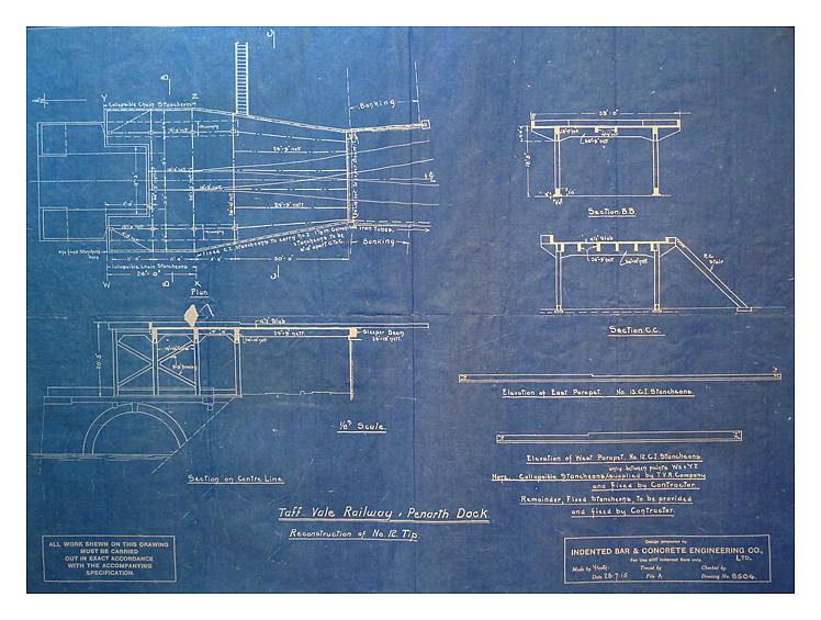 1915 - Reconstruction of No. 12 Tip - A design prepared and dated 23rd July 1915 by the Indented Bar & Concrete Engineering Company Limited for the ferro-concrete staging leading to the new tip of the East Ferry Road Engineering Company Limited.