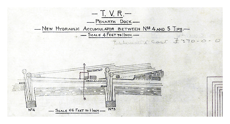 1913 - A section of the Taff Vale Railway drawing entitled 'New Hydraulic Accumulator between Nos. 4 and 5 Tips.'