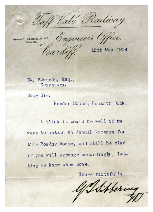 1904 - A letter from George T. Sibbering, Engineer at the Taff Vale Railway, Engineer's Office, Cardiff dated 12th May 1904 to Mr. Ed. Edwards, Secretary on the subject of the Powder House, Penarth Dock.