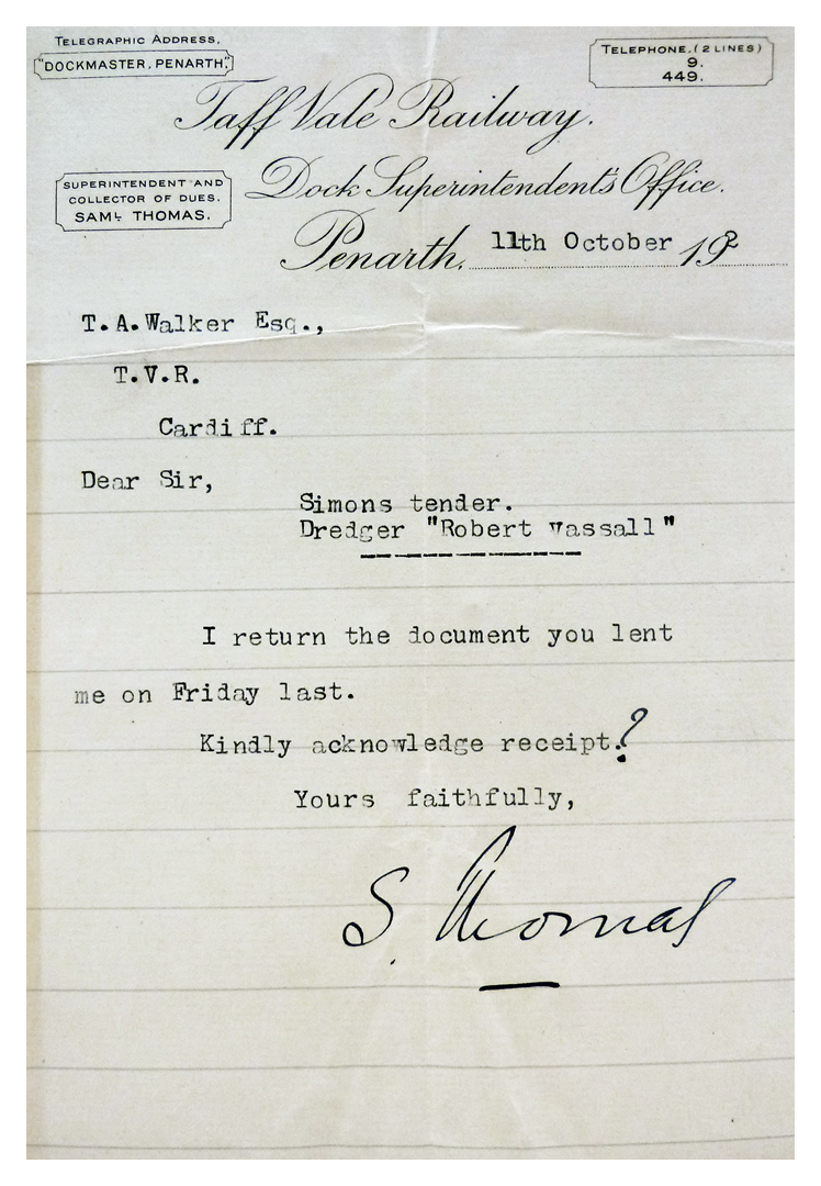 1902 - A letter from Samuel Thomas to T. A. Walker Esq. (contractor) regarding Simons tender. and the Dredger "Robert Wassall".