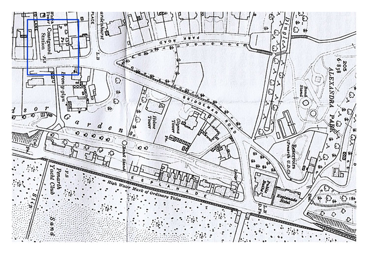 A section of the OS map of 1920 indicating the second group of Coastguard cottages high above the Esplanade amongst the Penarth millionaires!