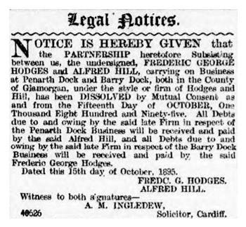 The Notice that the Partnership between Frederic George Hodges and Alfred Hill had been dissolved as of 15th day of October 1895.