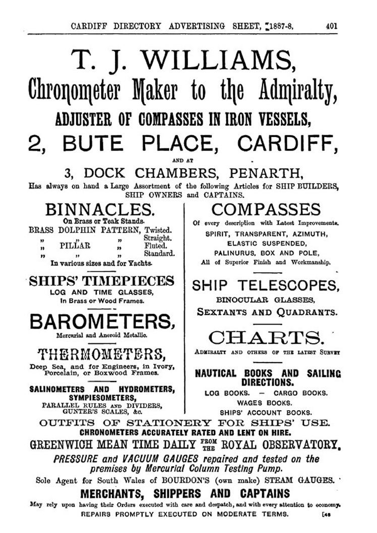 1887 : T.J. Williams of 3 Dock Chambers, Penarth.