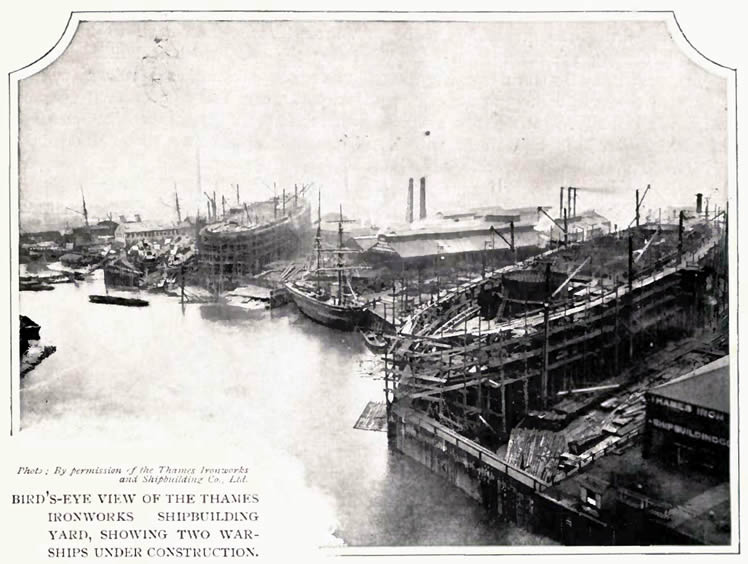 1902 - Bird's-Eye View of the Thames Ironworks and Shipbuilding Yard, showing Two Warships Under Construction.