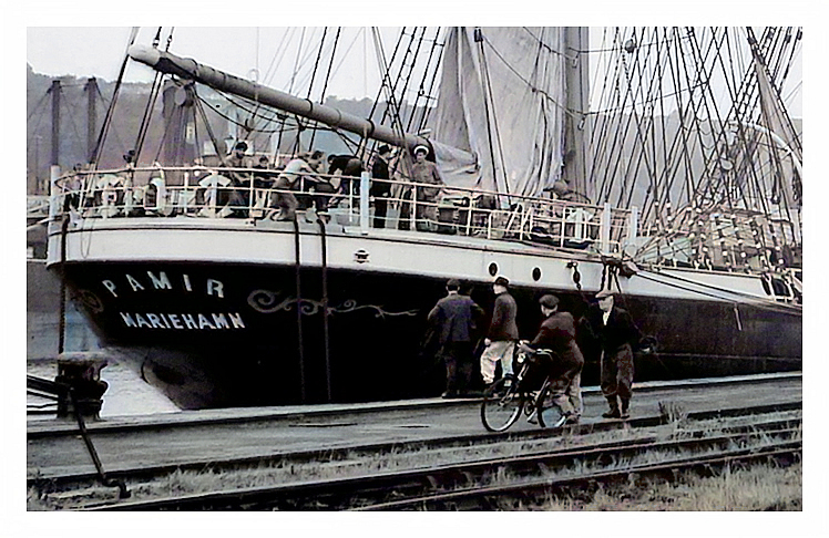 1949 - The barque 'Pamir' - A view of her moored up in Penarth Dock dated 10th October 1949 with her sails partially unfurled.