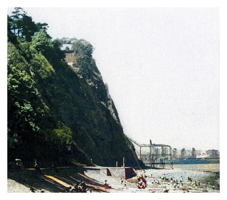 1955 - An enlarged section of a Firth's postcard entitled 'The Beach' showing the condition of the searchlight towers.