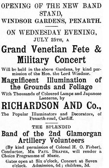 1894 - Opening of the New Band Stand. - Windsor Gardens, Penarth on Wednesday Evening July 25th.
