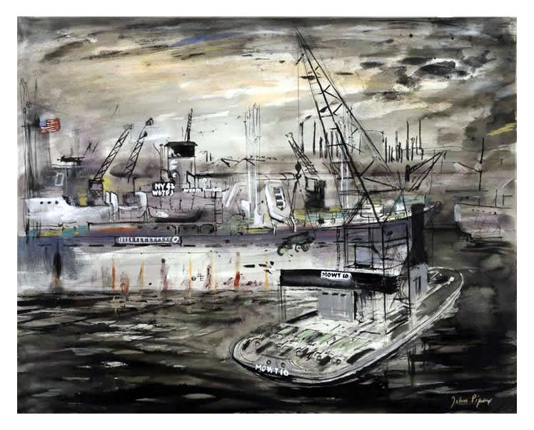 John Piper - 1944 - A Ministry of War Transport crane unloading armoured vehicles from US ships at Cardiff Docks during WWII.