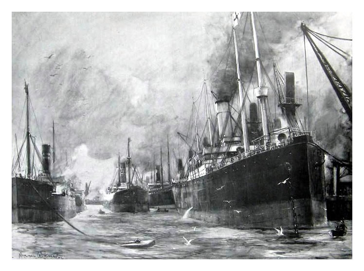 Norman Wilkinson - 1902 - The Great American Coal Strike : The Effect on British Trade - Activity at Cardiff Docks : Steamers Loading Welsh Coal for Shipment to New York and Boston.