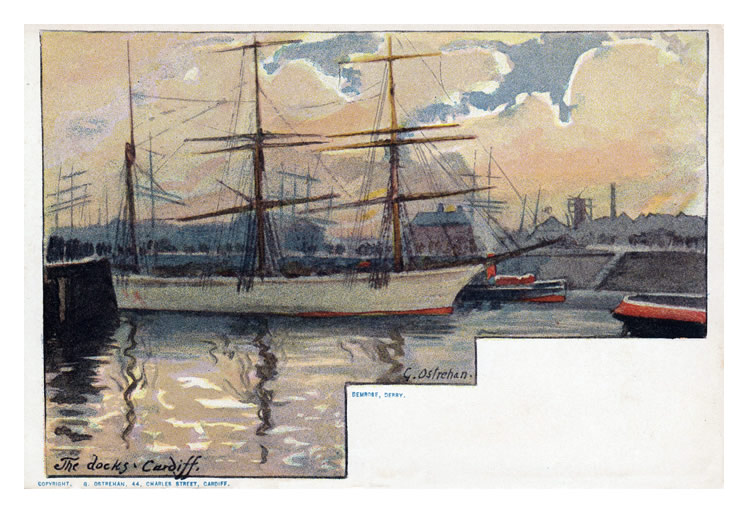 George Ostrehan - A painting of 'The Docks Cardiff' featuring the three masted sailing ship the 'Bemrose' of the port of Derry. 