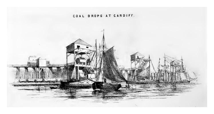'Coal Drops at Cardiff' - A fine photo-lithographic illustration from 'Cardiff Records' of the coal tips during the mid-19th century.