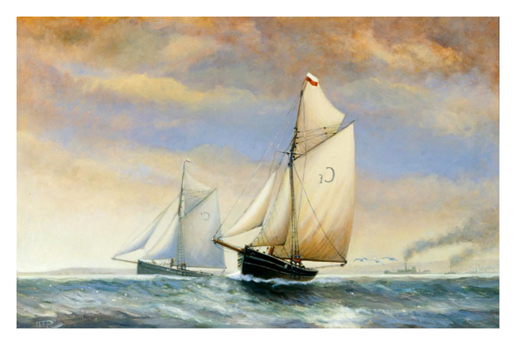 'Pilot Cutters Heading Down Channel Out of Cardiff' with 'Marguerite' in the foreground.