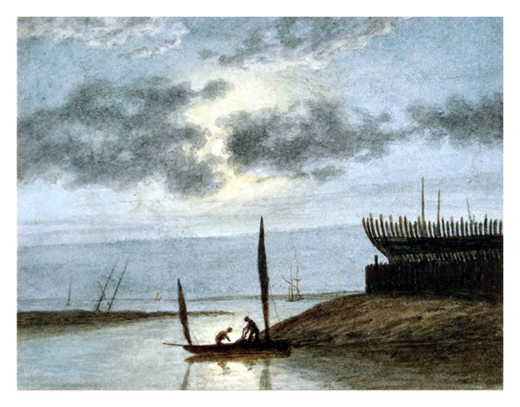 John Pretherick - Boat builder's yard at Cardiff, by moonlight.