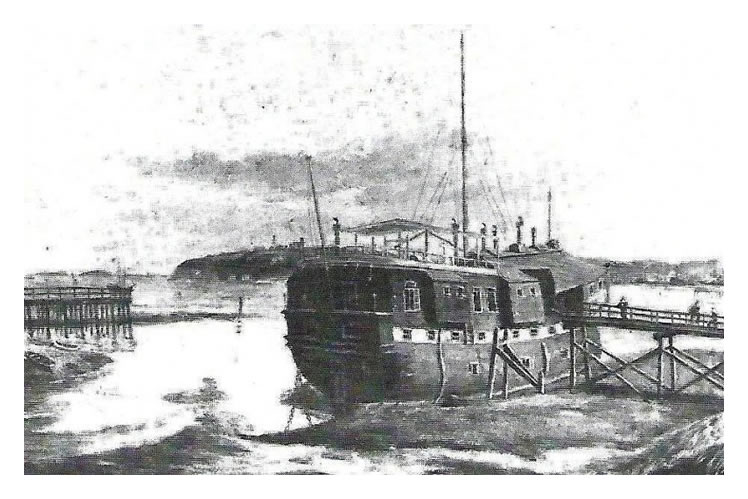 '1895 oil painting of the Hamadryad Hospital Ship, with Penarth providing the backdrop.