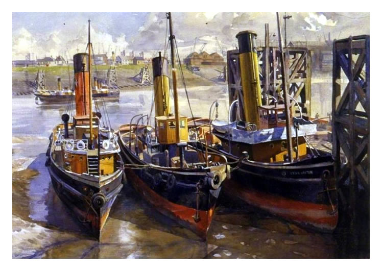 Clifford Charles Turner (1920-2018) : An oil painting named 'Bonds' the subject being Tug boats at tyhe landing stage of the Pier Head, Cardiff.